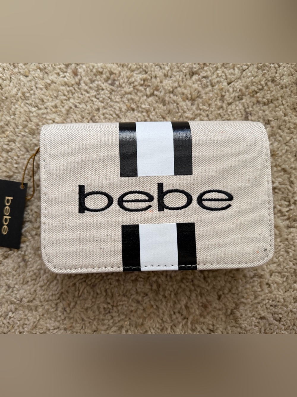 bebe Beige Canvas Purse with Black & White Racing Stripes